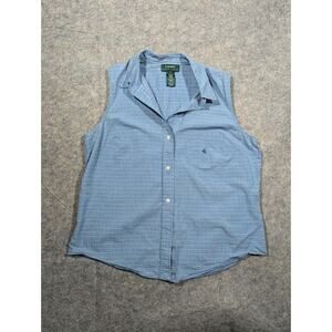 Lauren Ralph Lauren Blue Plaid Button Collared Tank Western Large Cotton